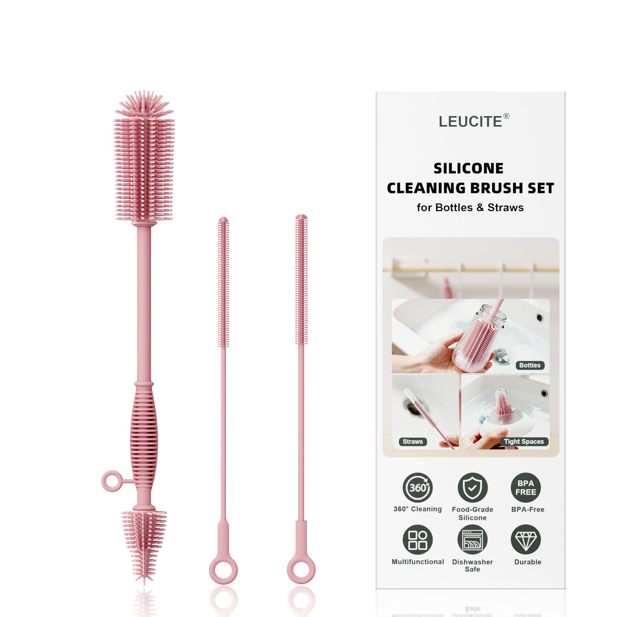 Reusable Silicone Straw Cleaner Brush Set, 2-Pack Extra Long Straw Cleaning Brush for Metal/Glass/Water Bottle/Drinking Straws, Flexible&Bendable Design, Dishwasher Safe, 6mm & 8mm Diameter