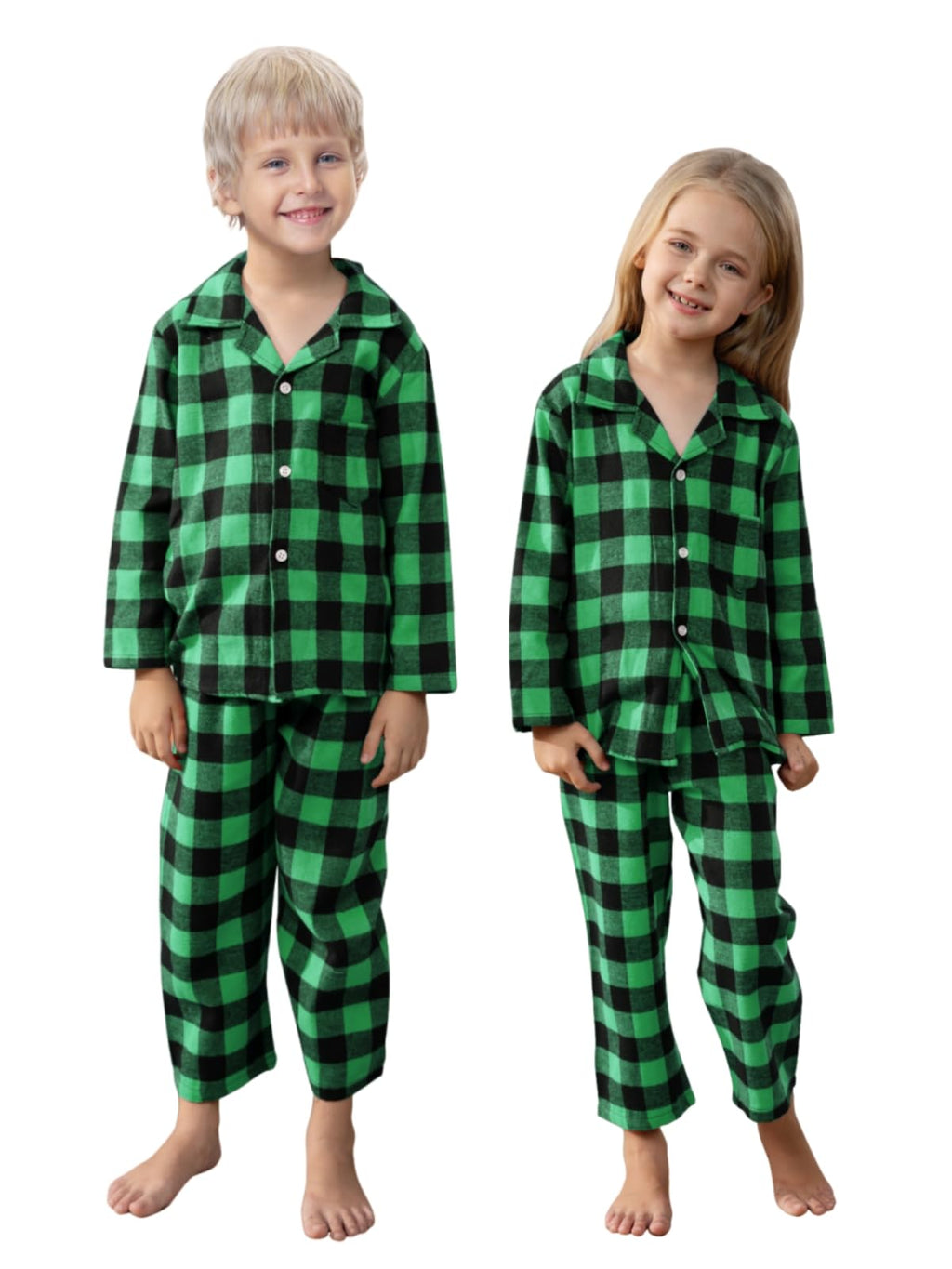 Schbbbta Kids Plaid Pajamas Set, Baby Toddler Little Boy's Girl's 2-Piece Button Down Sleepwear Pjs, Black Green, 13-14 Years = Tag 170
