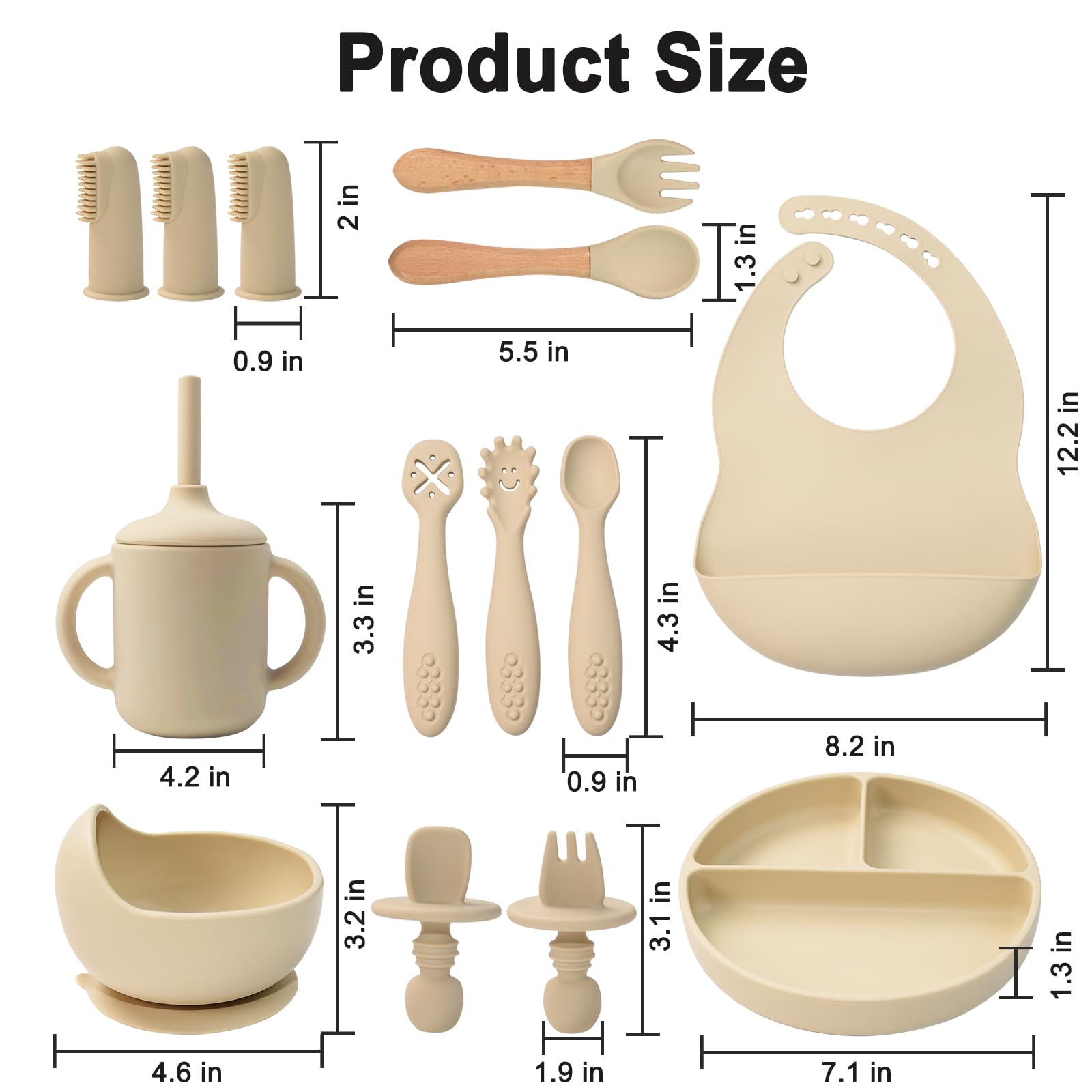 Silicone Baby Feeding Set 14 Pcs, Baby Led Weaning Set, 6M+, Beige