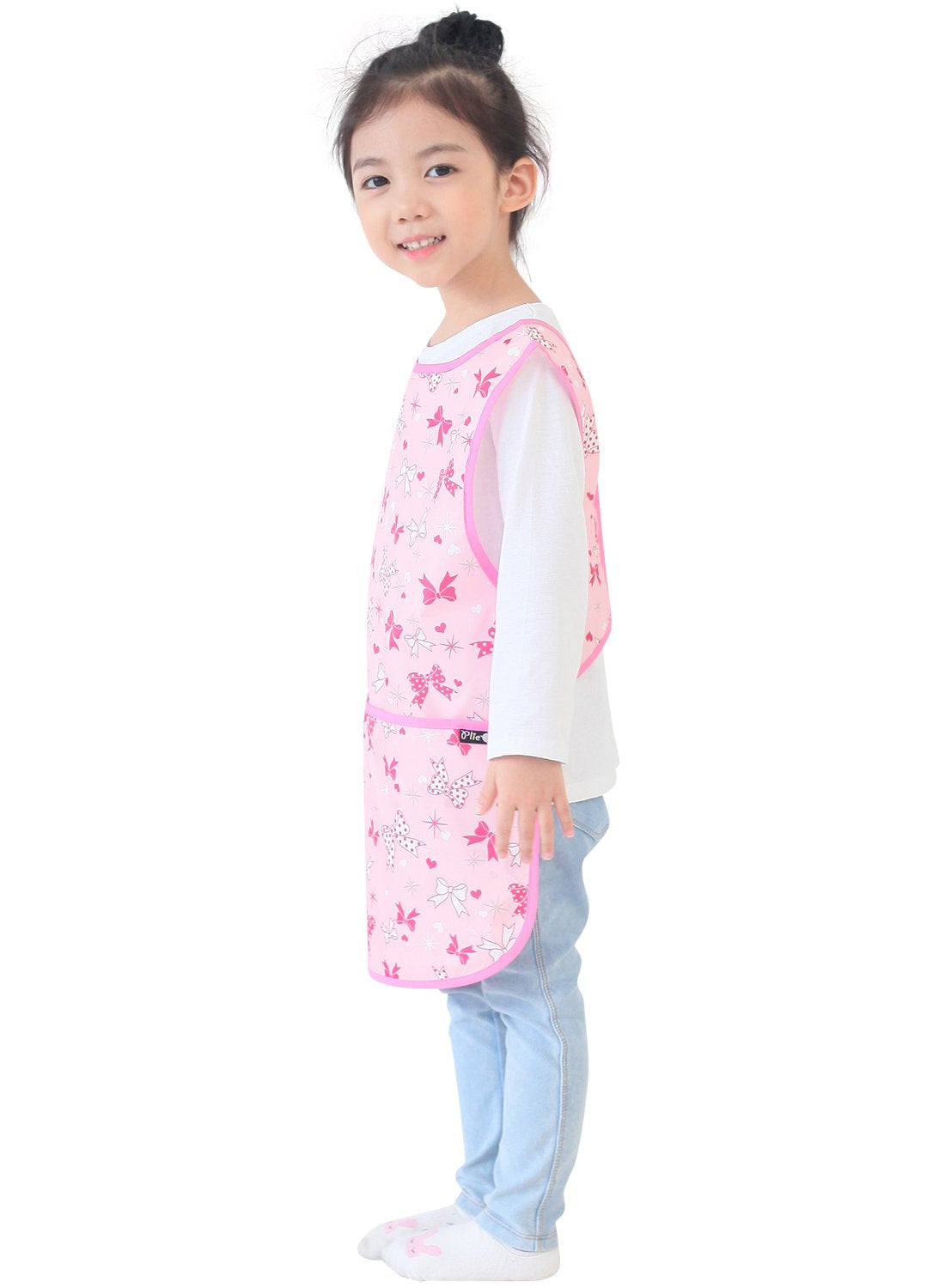 Plie Kids Painting Apron – Waterproof Art Smock for Toddlers & Preschoolers, Messy Play, Baking, Crafts, Cooking, Sensory Activities, Mealtime (Ages 1–10), Pink Ribbon (39-XL)