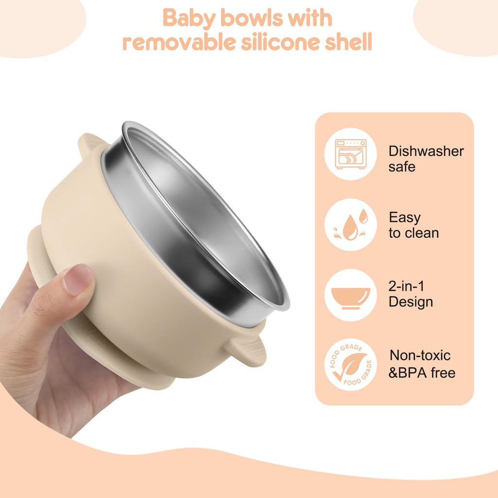 Wesketch 4 Pack Stainless Steel Baby Bowls with Removable Non-Slip Silicone Suction Shell, Anti Scald Food Container for Baby Food Feeding-Skyblue/Gray/Red/Cream