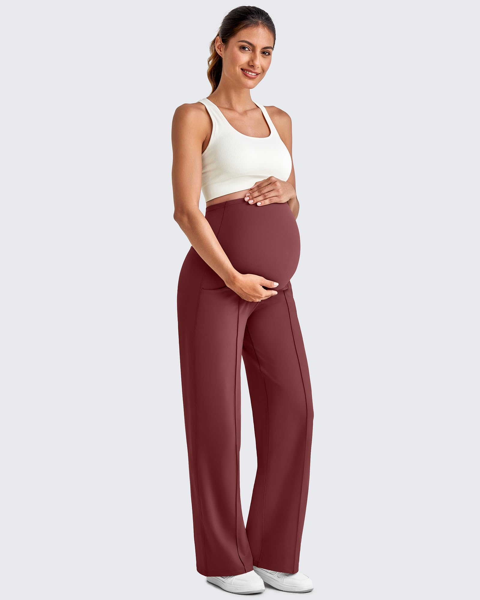 G4Free Maternity Pants Work Over the Belly with Pockets,Wine,S,Tall