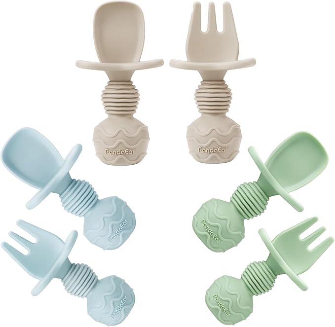 PandaEar 6 Pack Silicone Baby Spoons and Fork Feeding Set- Anti-Choke First Self Feeding Utensils for Baby Led Weaning Ages 3 Months (Blue, Green&Tan)