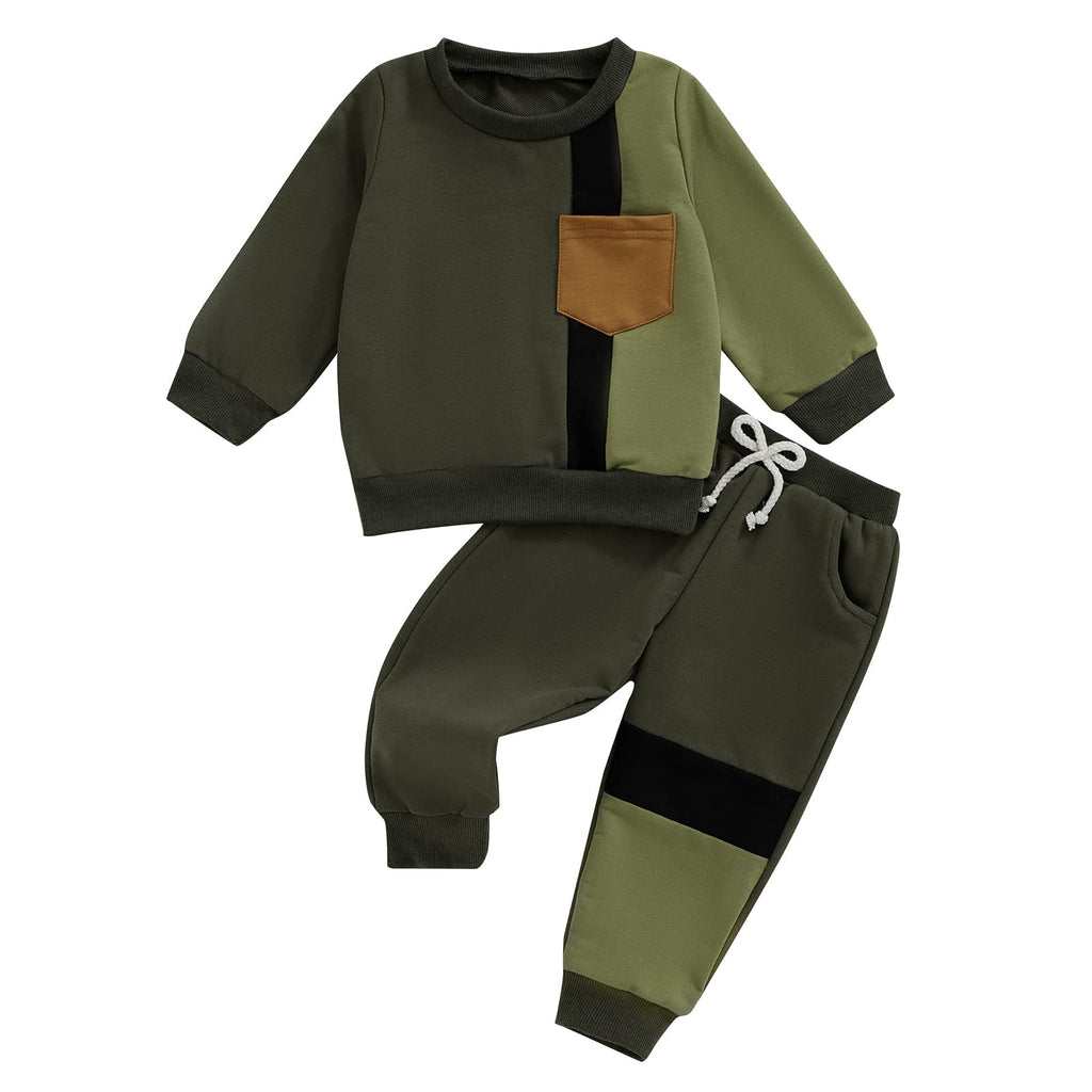 Lucikamy Toddler Baby Boy Fall Outfits Long Sleeve Crew Neck Pullover Sweatshirt + Jogger Pants Set Infant Winter Clothes (Army Green-D, 12-18 Months)