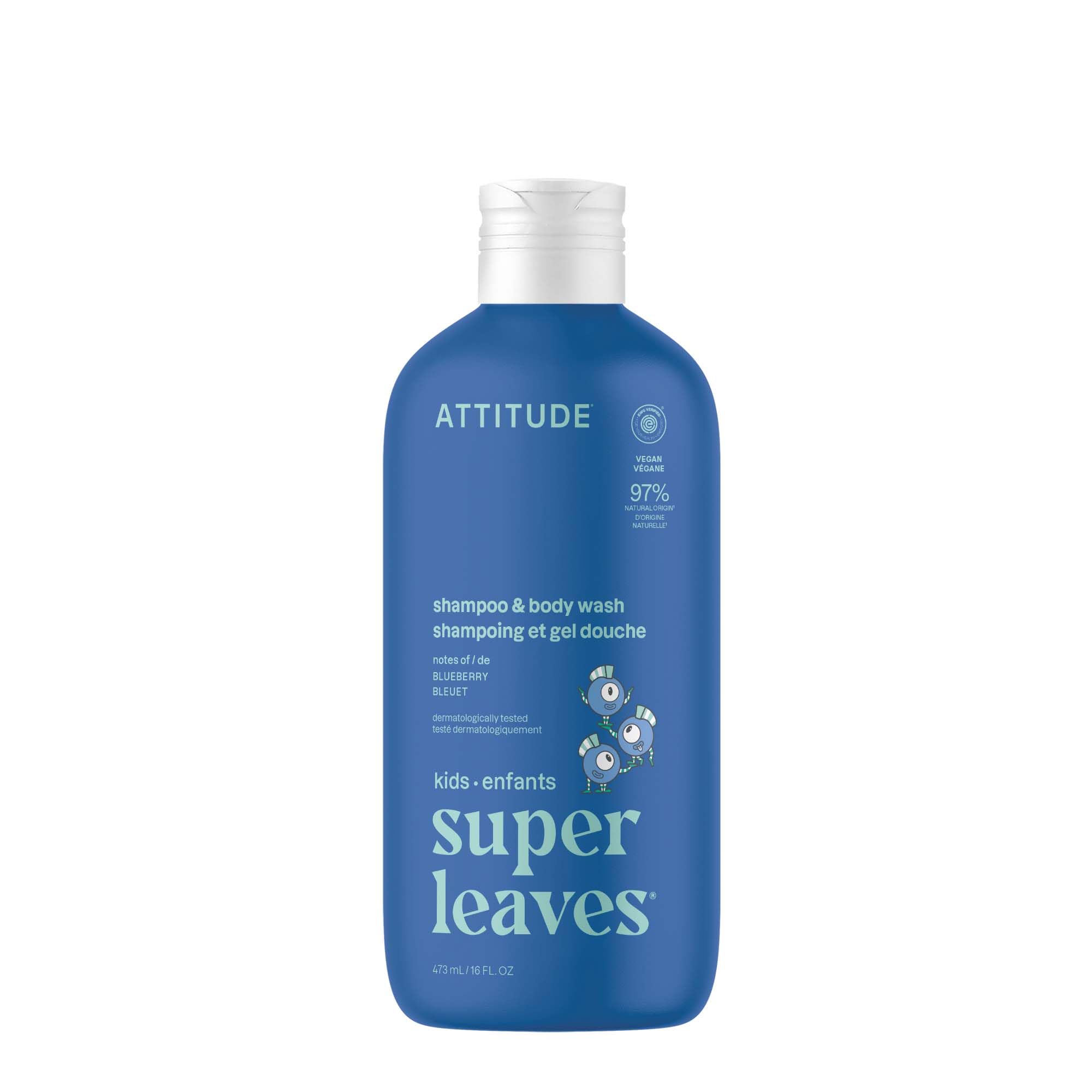ATTITUDE Shampoo and Body Wash for Kids, EWG Verified Hair and Body Cleanser, Dermatologically Tested Soap, Plant and Mineral Based Bath Products, Vegan, Blueberry, 16 Fl Oz