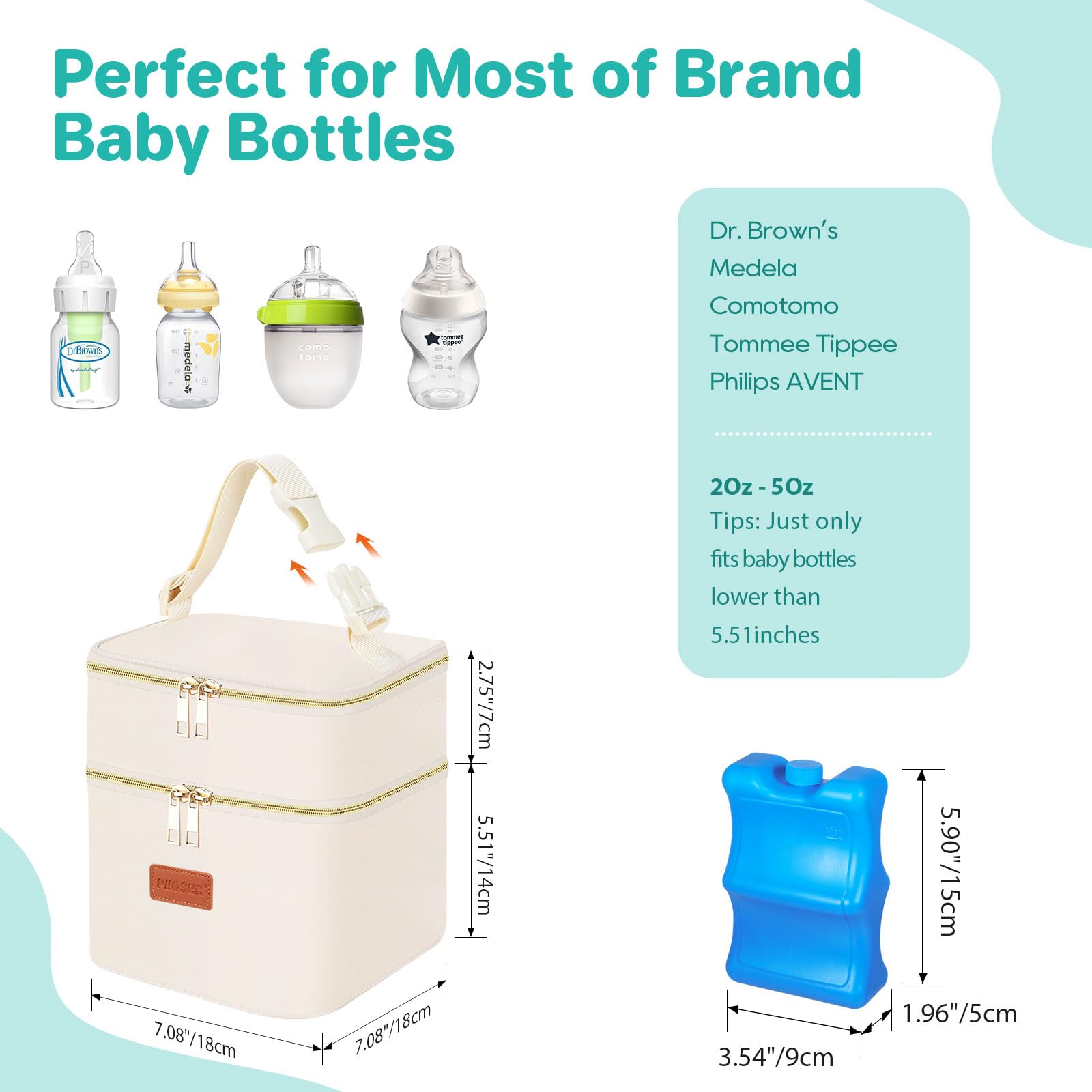 PIIOSER Insulated Baby Cooler Bag with Ice Pack, Fits 4 Baby Bottles Up to 5 Ounce, Portable Breastmilk Cooler Travel Bag with Buckle for Nursing & Working Mom Daycare, Cream