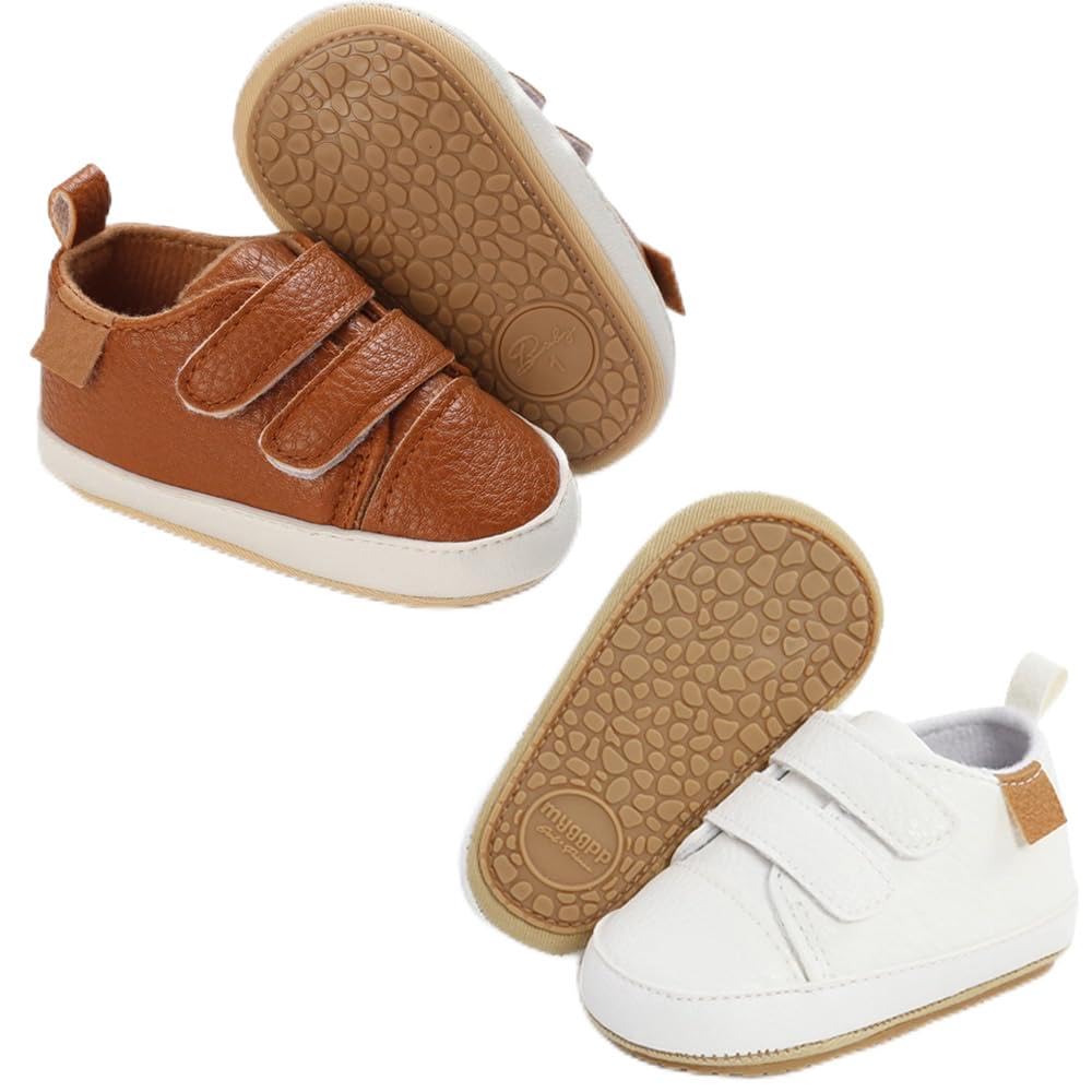 eitwo 2Pairs Baby Shoes,Boys Girls Non-Slip Rubber Sole Sneakers,Unisex Infant Soft Lightweight First Walking Crib Shoes (2Pairs_White+Brown,3-6 Months)