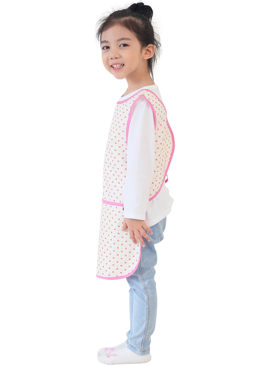 Plie Kids Painting Apron – Waterproof Art Smock for Toddlers & Preschoolers, Messy Play, Baking, Crafts, Cooking, Sensory Activities, Mealtime (Ages 1–10), Pink Heart Dot (27-XL)
