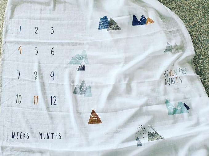 100% Organic Cotton Muslin Monthly Baby Milestone Blanket with Wooden Hello World Newborn Sign, Newborn Photography Props, Birth Announcement Sign, Eucalyptus