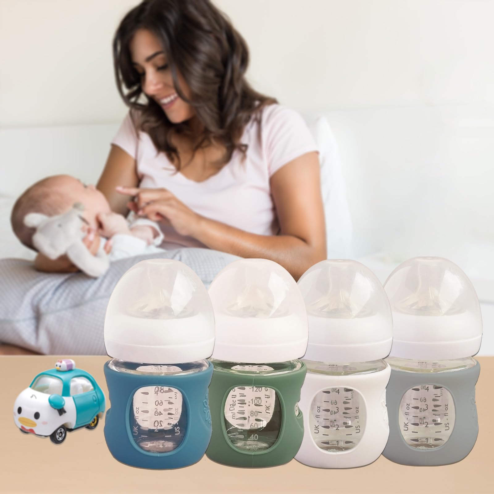 4 Pack Silicone Sleeves for Avent Natural Glass Baby Bottles, Anti Breakage Bottle Holder, Compatible with Philips Avent Glass Natural Baby Bottles (4 White, 4 OZ)
