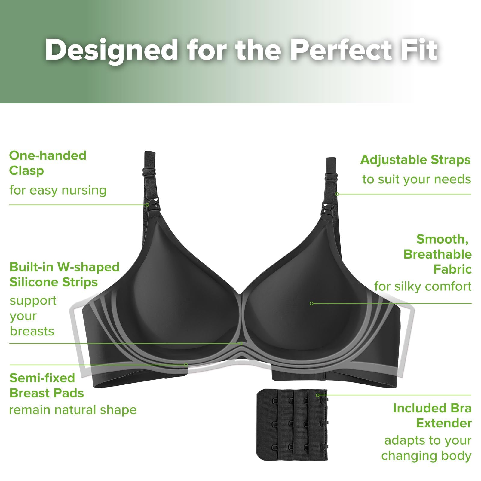 haakaa Nursing Bras for Breastfeeding, Ultra Comfort Jelly Strip“ Supportive Maternity Bras Wireless Pregnancy Bras (Black, XL)