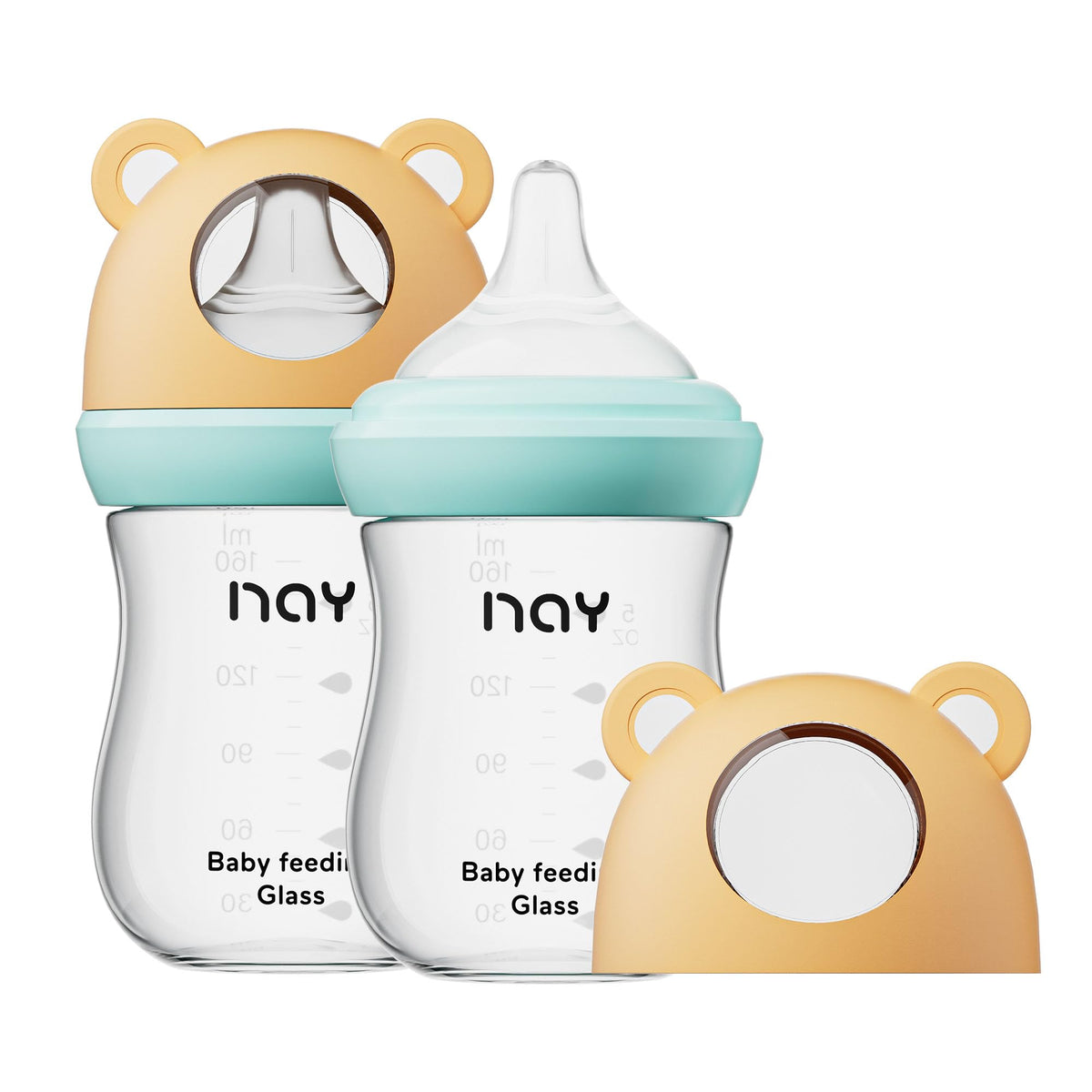 yanyoyo Natural Glass Baby Bottle for Breastfeeding Babies, 3oz Newborn Anti-Colic Baby Bottle with Slow Flow Nipples (SS), Clear, Wide Neck, 2 Pack, 0 Months+