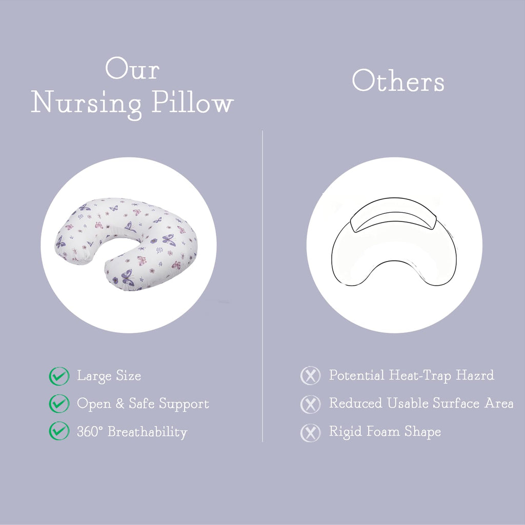 Little Grape Land Muslin Nursing Pillow, Soft 100% Cotton Breastfeeding Pillow with Breathable Cotton Removable Cover, Fog Flower Breast Feeding Pillows for Babies 0-12 Months (Purple Butterfly)