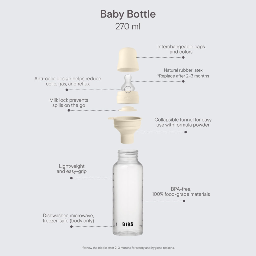 BIBS Plastic Baby Bottle, 270 ml, 1-Pack, Silicone Nipple, Ivory