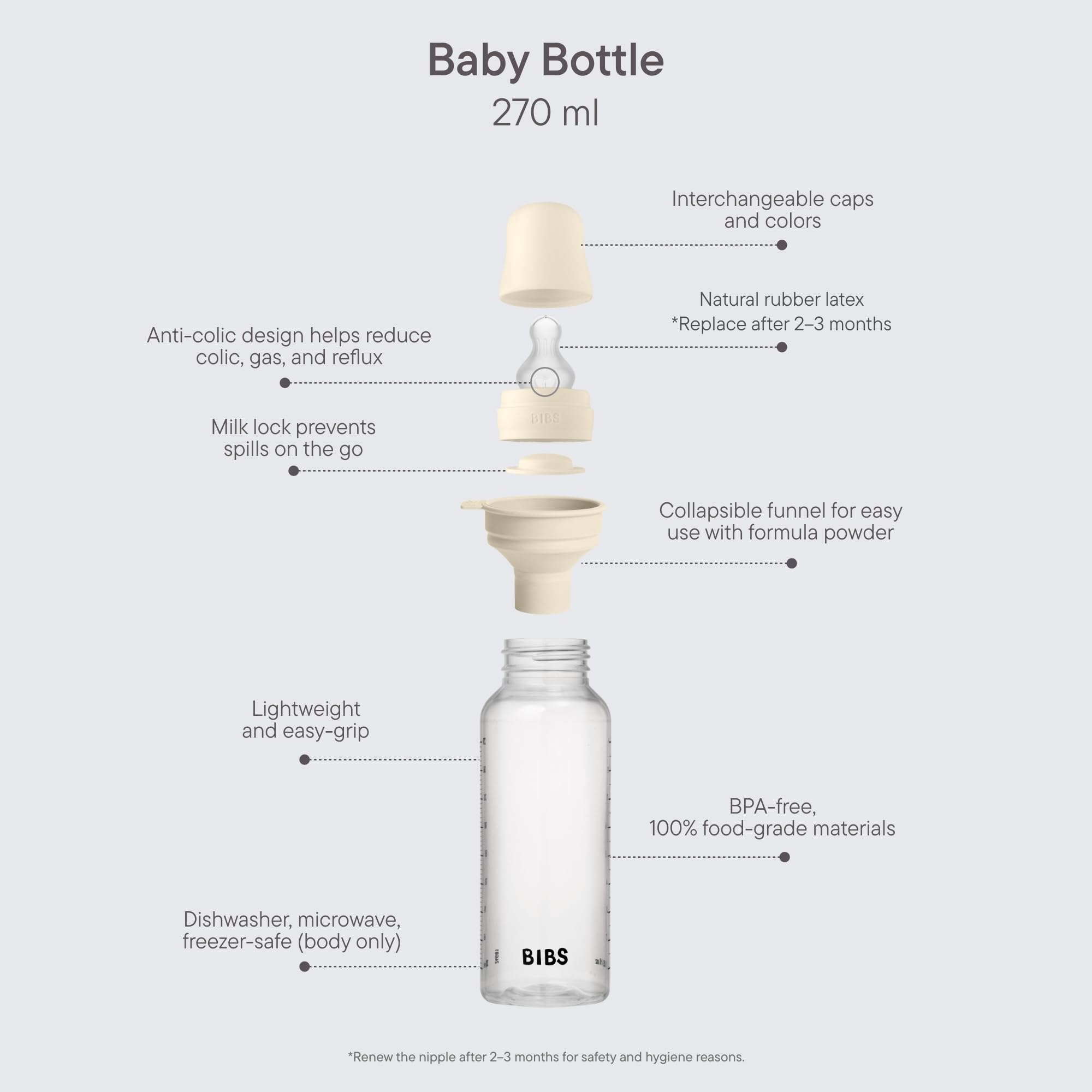BIBS Plastic Baby Bottle, 270 ml, 1-Pack, Silicone Nipple, Ivory
