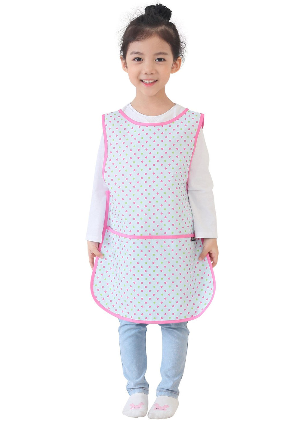 Plie Kids Painting Apron – Waterproof Art Smock for Toddlers & Preschoolers, Messy Play, Baking, Crafts, Cooking, Sensory Activities, Mealtime (Ages 1–10), Blue&Green Dot (30-XL)