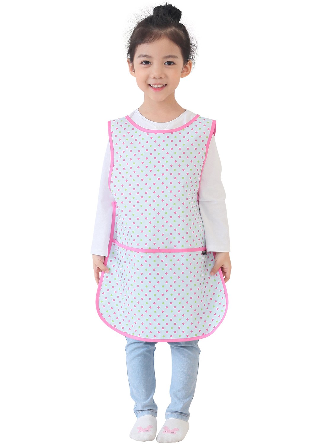 Plie Kids Painting Apron – Waterproof Art Smock for Toddlers & Preschoolers, Messy Play, Baking, Crafts, Cooking, Sensory Activities, Mealtime (Ages 1–10), Blue&Green Dot (30-XL)