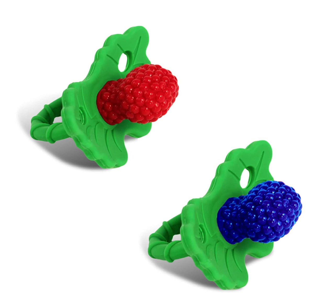 RaZbaby RaZberry Silicone Teether Pacifier – Teething Relief for Infants, Food-Grade, BPA-Free, Hands-Free, Natural Berrybumps Fruit Texture for Sensory Development, Freezable, 2-Pack - Green & White