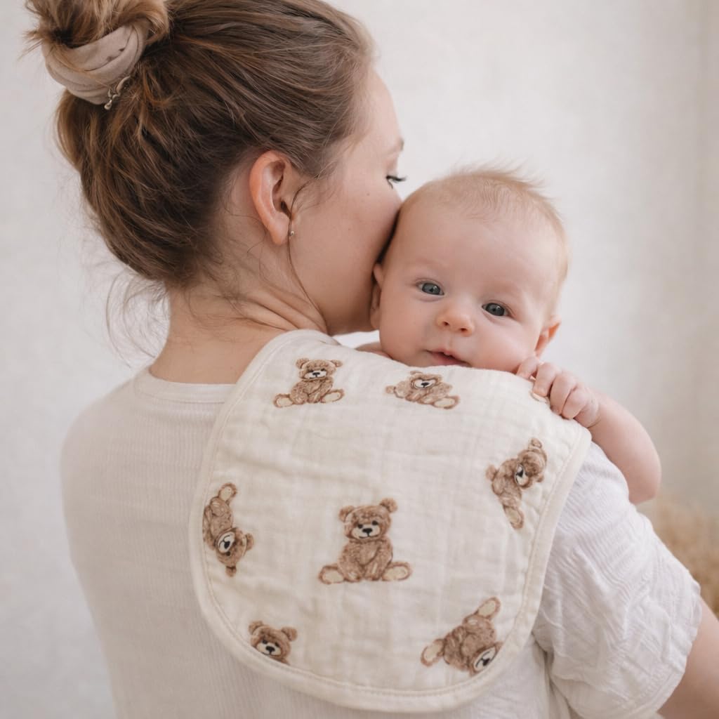 Ali+Oli Muslin Burp Cloths for Baby, 2 Pack, Soft Absorbent Burp Rags (Teddy-Taupe)