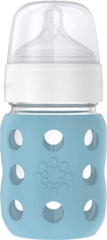 Lifefactory 8-Ounce Wide Neck Glass Baby Bottle with Protective Silicone Sleeve and Stage 2 Nipple, Denim (LG2211WDE4)