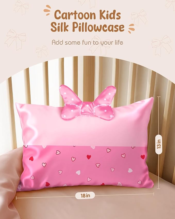 Toddler Pillowcases 13"x18" for Kids - Cute Cartoon Soft Breathable Silk Pillow Cases for Hair and Skin with Hidden Zipper for Girls Fun Kawaii Design for Bedding, Point Bow
