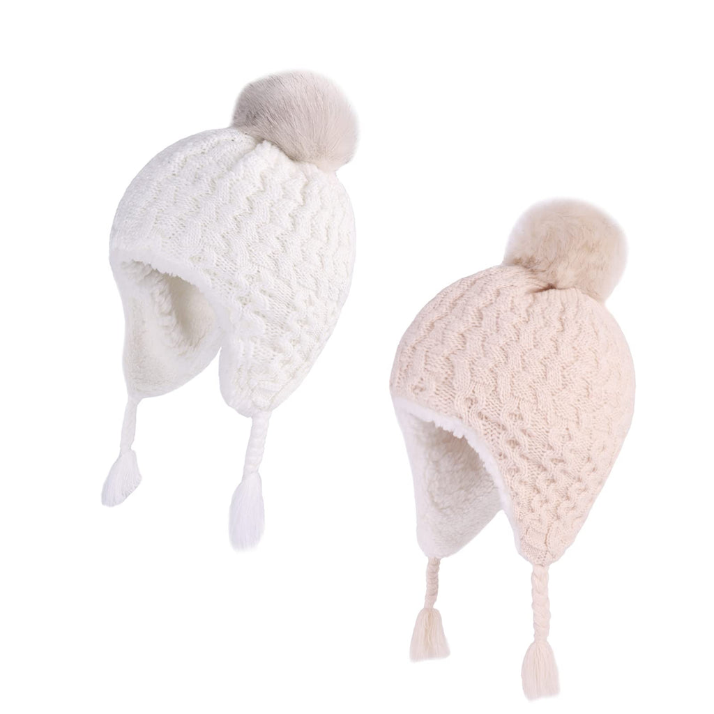 LANGZHEN Toddler Kids Winter Hat,Earflap Knit Warm Cap Fleece Lined Beanie for Baby Girls(White+Beige,12-24 Months)