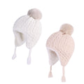 LANGZHEN Toddler Kids Winter Hat,Earflap Knit Warm Cap Fleece Lined Beanie for Baby Girls(White+Beige,12-24 Months)