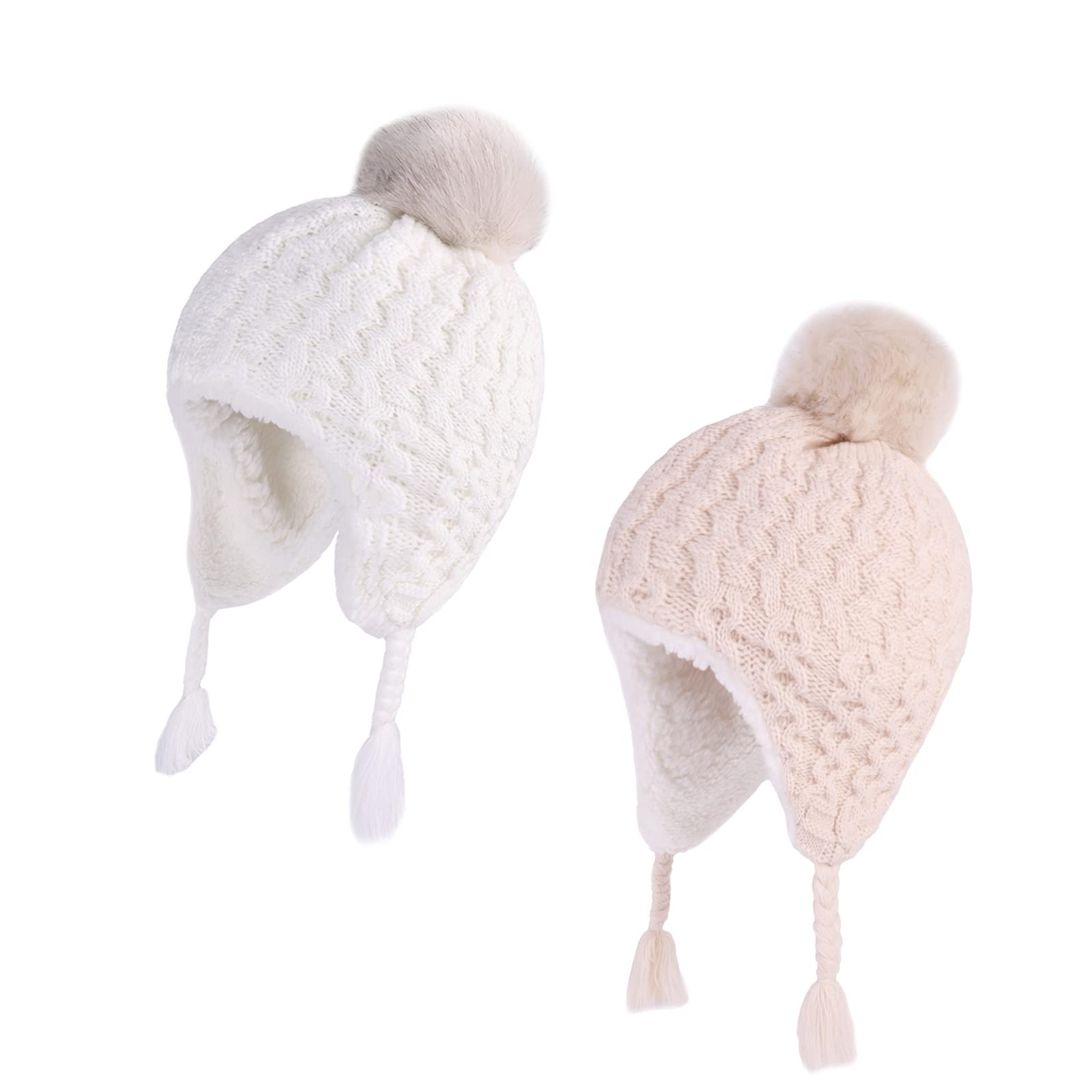 LANGZHEN Toddler Kids Winter Hat,Earflap Knit Warm Cap Fleece Lined Beanie for Baby Girls(White+Beige,12-24 Months)