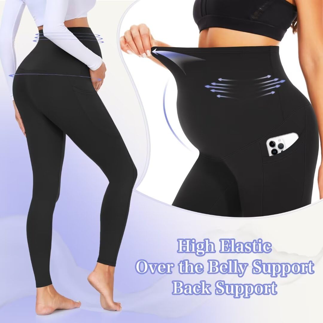 GROTEEN 3 Pack Women's Maternity Leggings with Pockets Over The Belly Pants