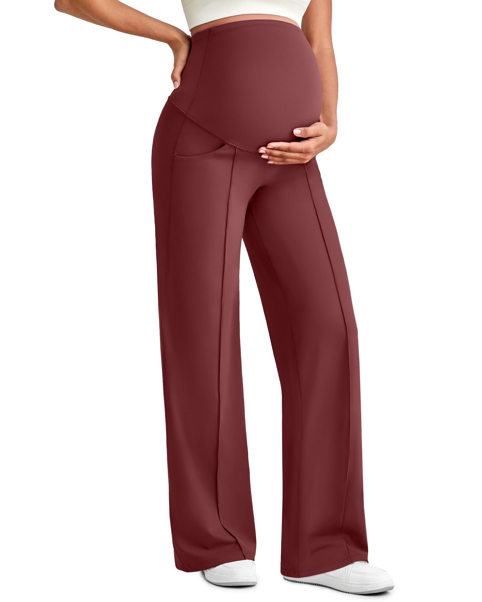 G4Free Maternity Pants Work Over the Belly with Pockets,Wine,XXL,Regular