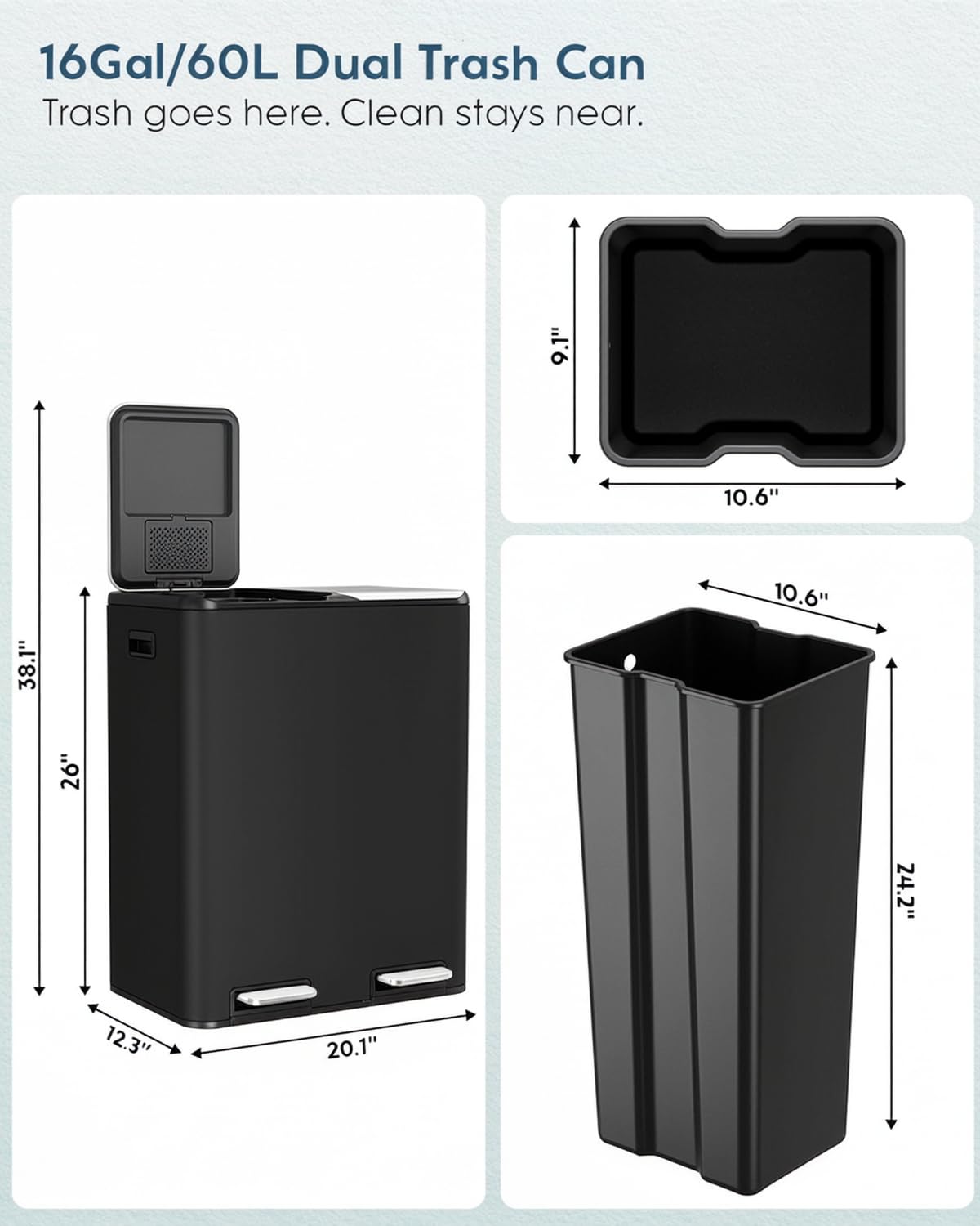 Arlopu 16Gal Dual Trash Can w/2 Built-in Box for Odor Control