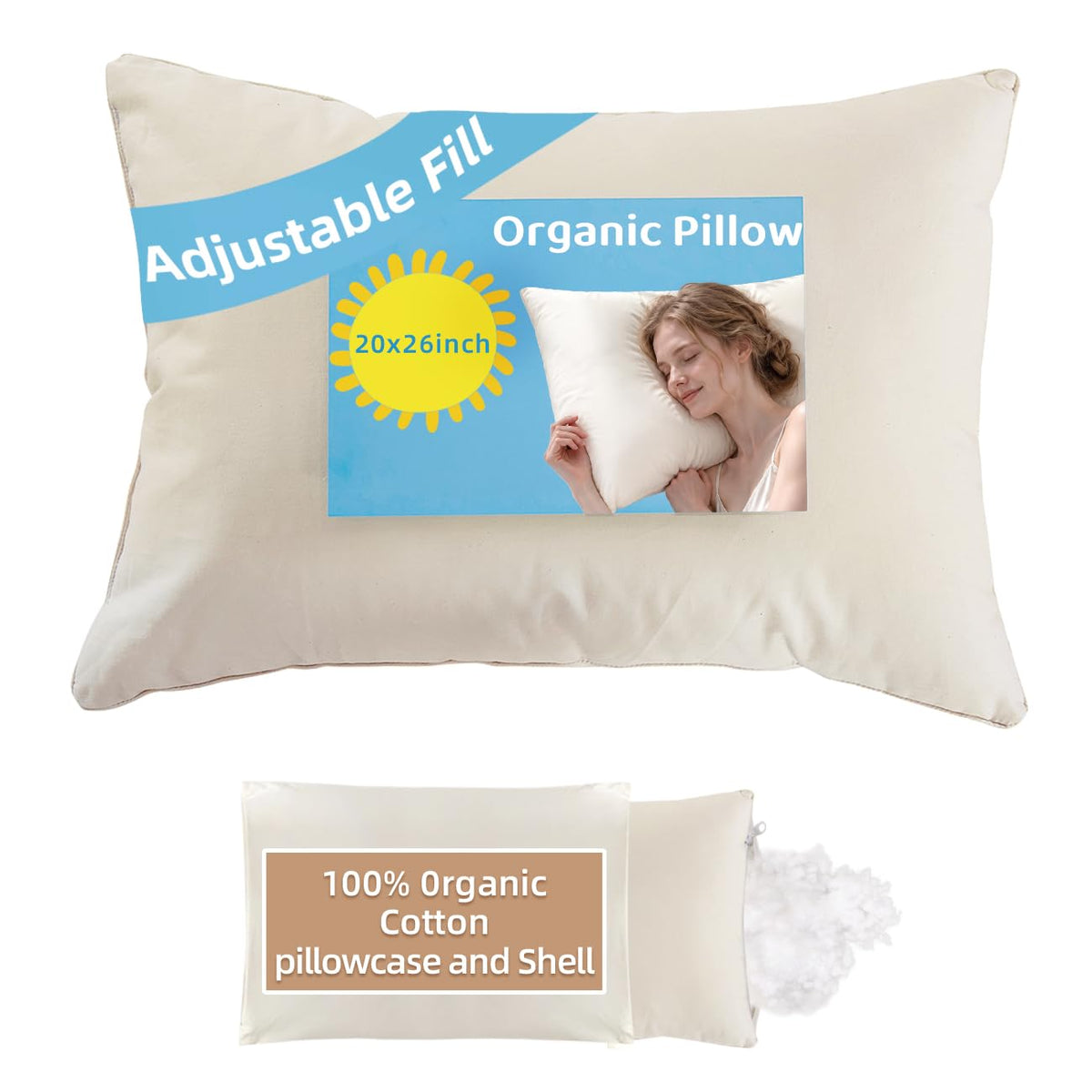 LOFE Adjustable Kids Pillow for Ages 4-12 with Organic Cotton Pillowcase