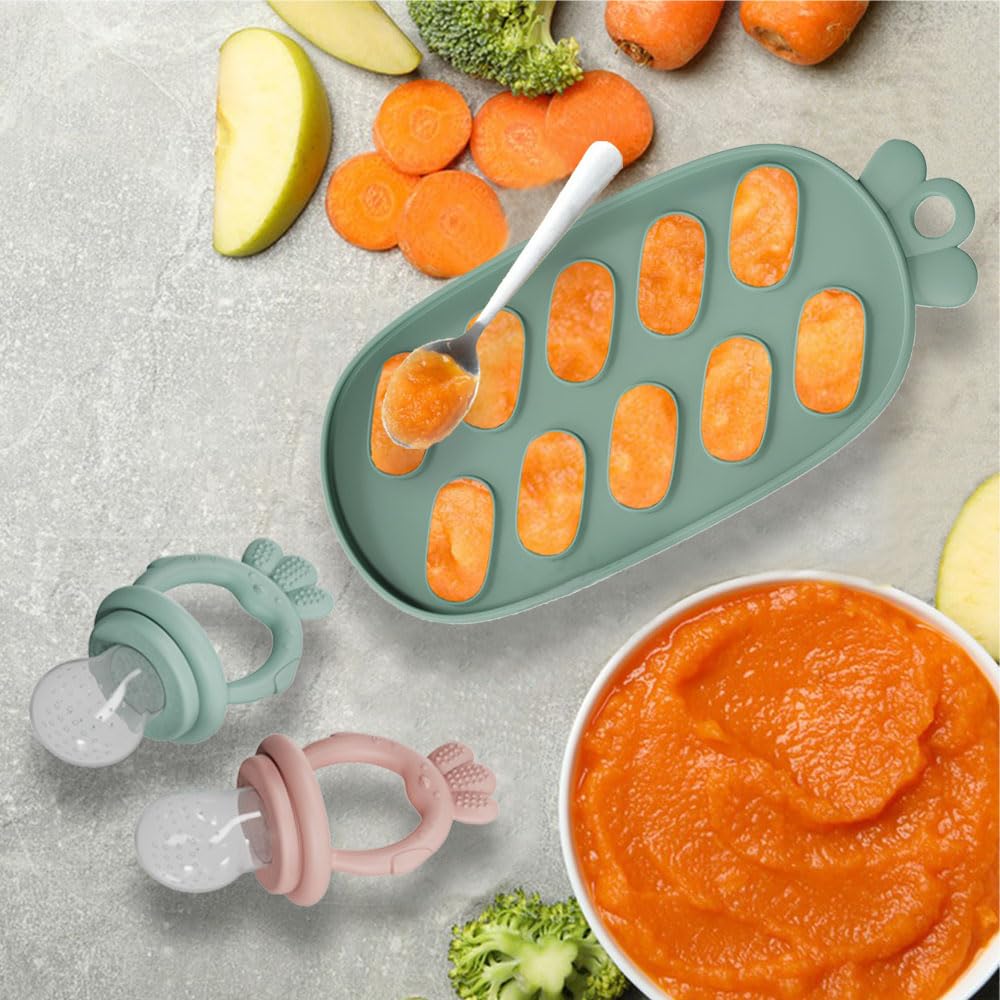 Baby Food Fruit Feeder with Freezer Tray Breastmilk Popsicle Molds Silicone Fruit Feeder for Self Feeding Teething Relief Toys (Yellow)