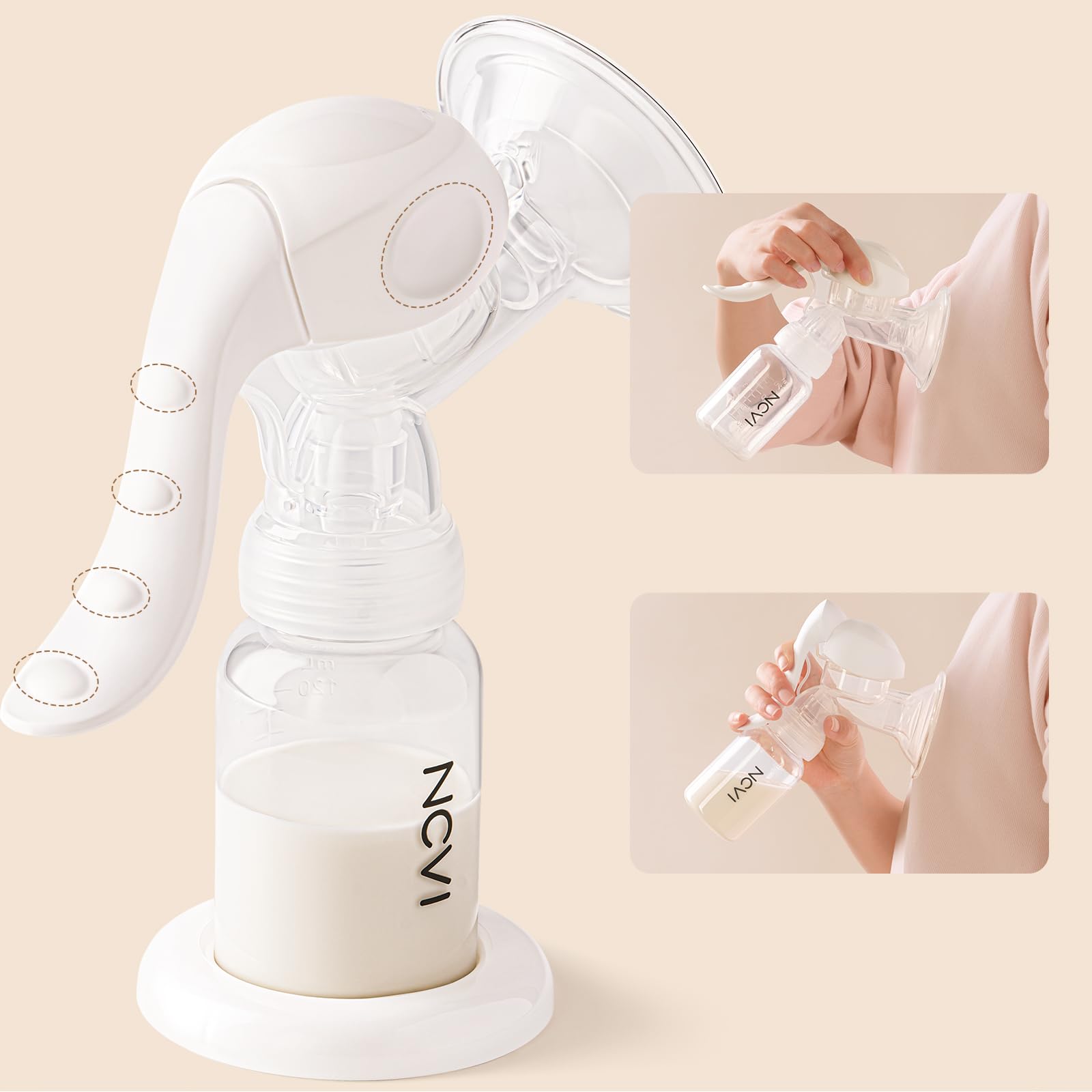 NCVI Manual Breast Pump, Silicone Soft 20mm Flange for Small Nipples, White