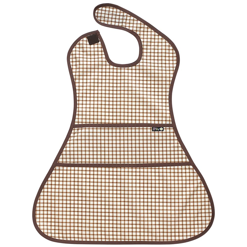 Plie Full Coverage Waterproof Feeding Bib for Toddlers – Extra Long Apron Bib for Mealtime, Self-Feeding, High Chair, Food Catcher, BPA-Free, Easy to Clean – Brown Check