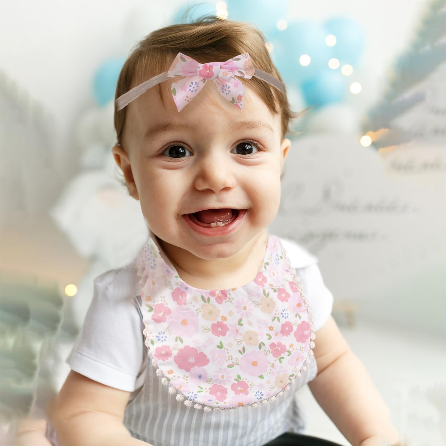 Esumun Baby Girls Reversible Floral Print Bibs Saliva Towel Set, Flounce Edged Burp Cloth and Bow Headband for Newborn Infant Toddlers(SET A)