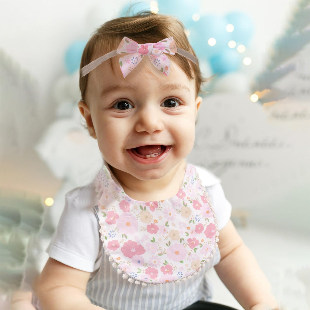 Esumun Baby Girls Reversible Floral Print Bibs Saliva Towel Set, Flounce Edged Burp Cloth and Bow Headband for Newborn Infant Toddlers(SET A)