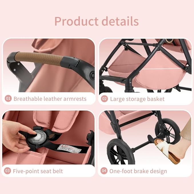 2 in 1 Baby Stroller, High Landscape Infant Stroller Pram Foldable Pushchair with Adjustable Canopy, Storage Basket,5-Point Harness,Mom Bags (Brown)