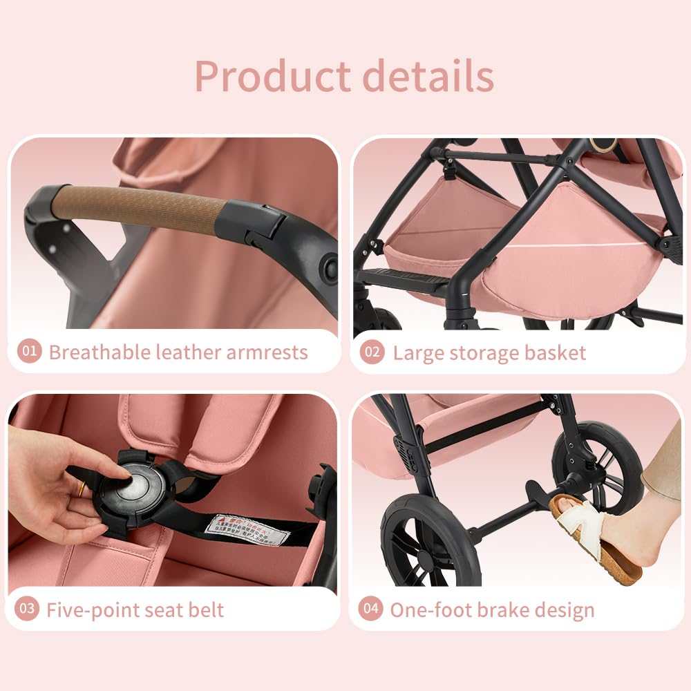 2 in 1 Baby Stroller, High Landscape Infant Stroller Pram Foldable Pushchair with Adjustable Canopy, Storage Basket, Suspension Wheels,5-Point Harness,Mom Bags (Pink)