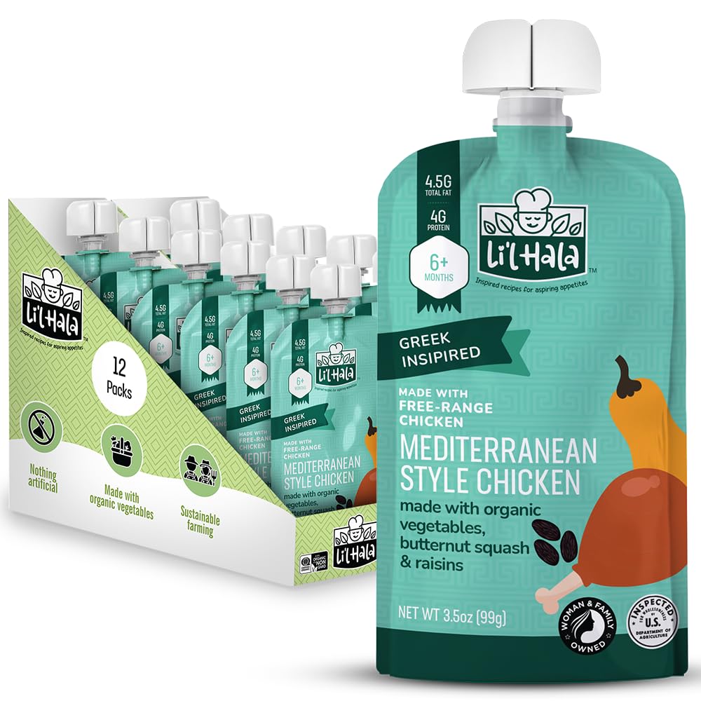Li'l Hala Chicken Baby Food Pouches | Mediterranean Chicken with Organic Veggies, 4g Protein, Iron & Fiber | Savory Stage 2 Baby Food Meat Puree for 6+ Months | 3.5 oz, 12 Count