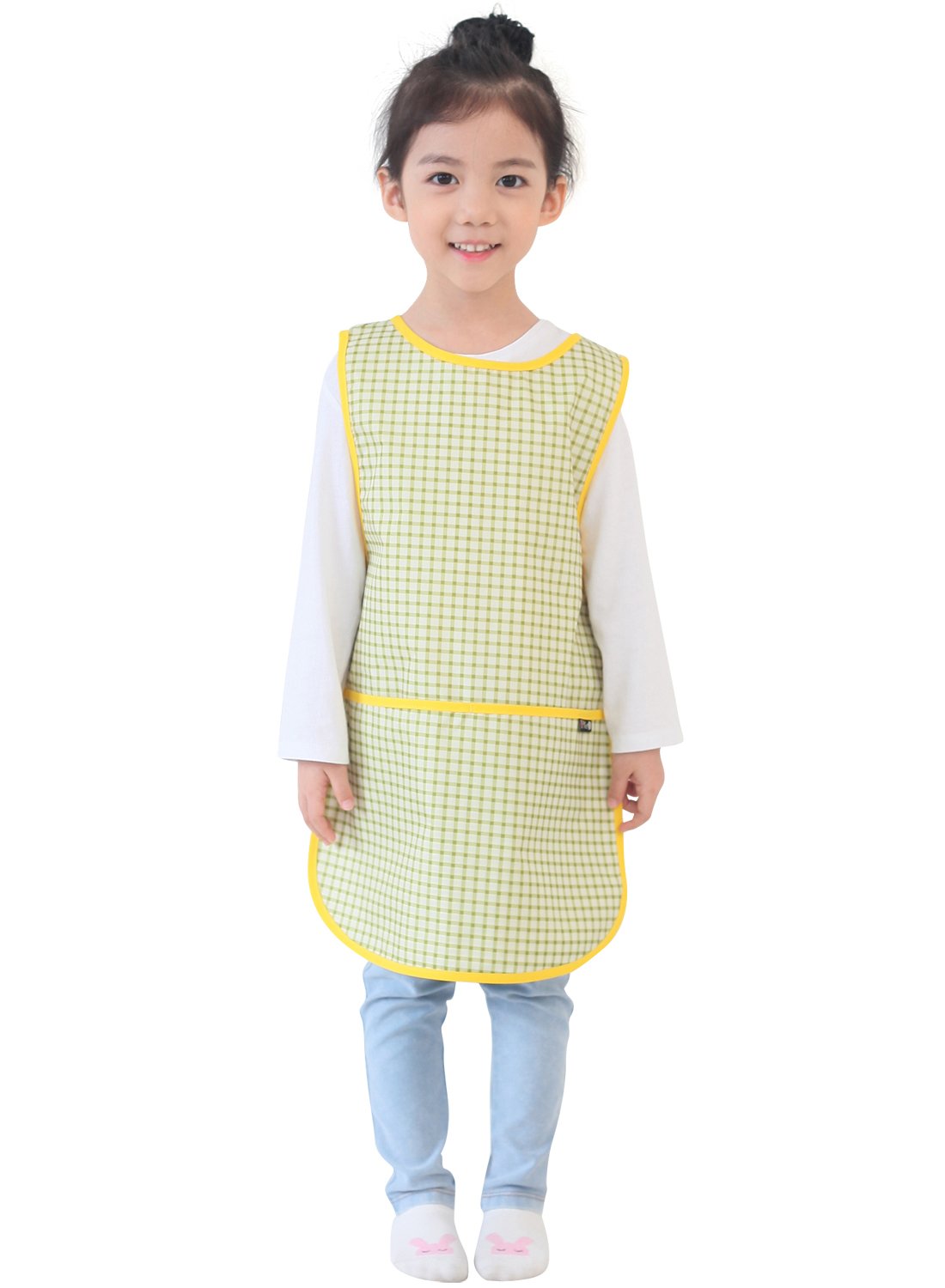 Plie Kids Painting Apron – Waterproof Art Smock for Toddlers & Preschoolers, Messy Play, Baking, Crafts, Cooking, Sensory Activities, Mealtime (Ages 1–10), Green Check (17-L)