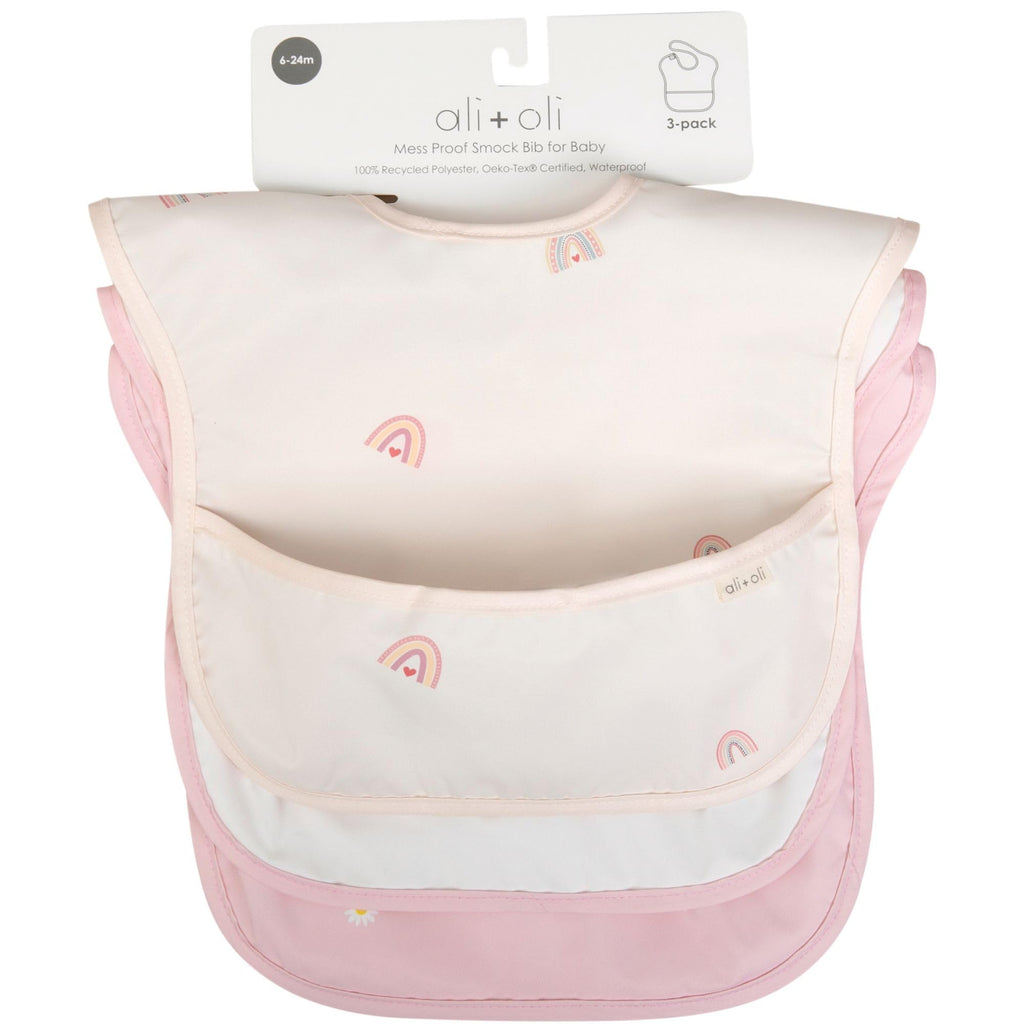 Ali+Oli Smock Bib for Baby (3-pc) Sleeveless Set (Girls) BPA-Free Oeko-Tex Certified, Mess Proof Baby Bib for Eating, Waterproof Baby Smock, Machine Washable, Toddlers Ages 6m+