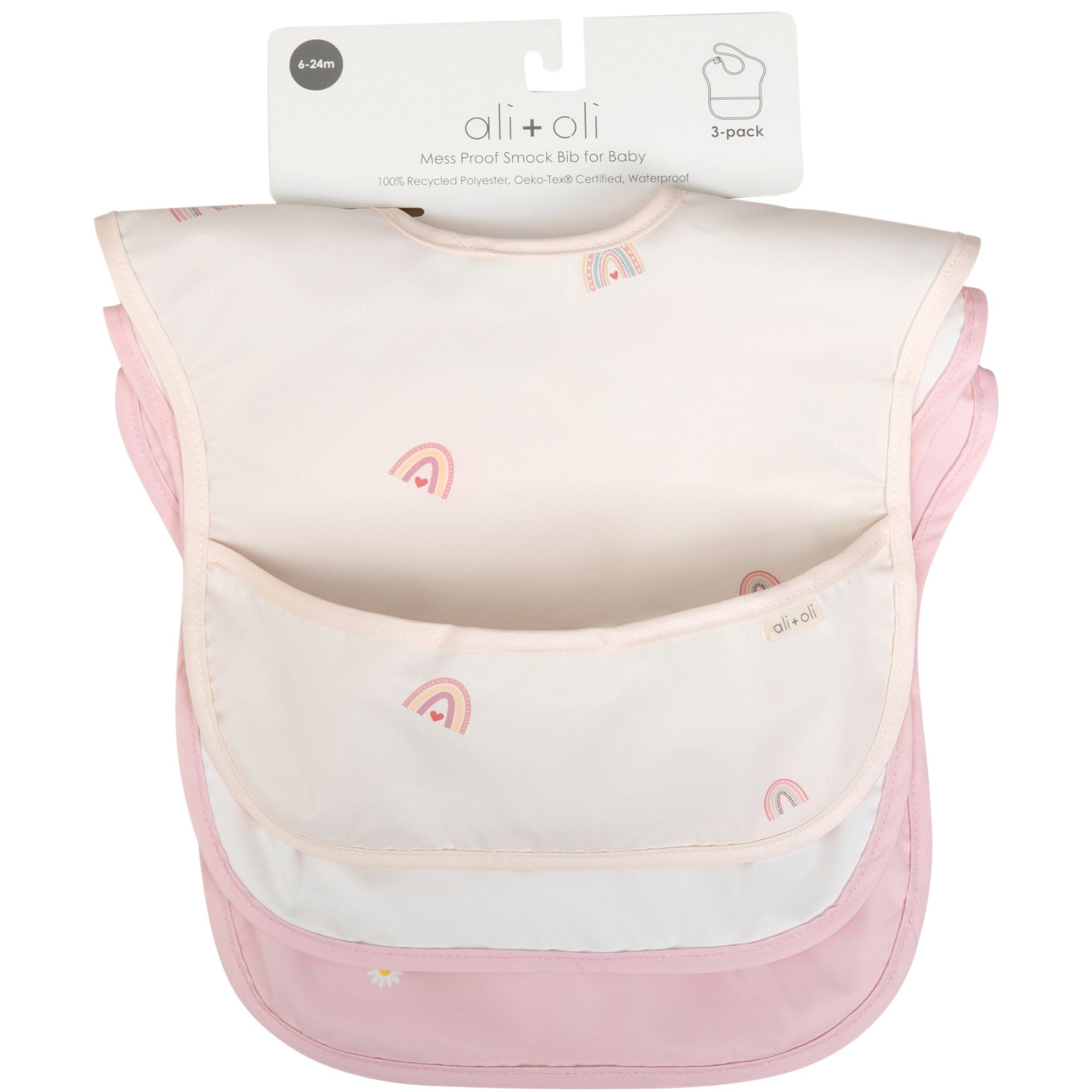 Ali+Oli Smock Bib for Baby (3-pc) Sleeveless Set (Girls) BPA-Free Oeko-Tex Certified, Mess Proof Baby Bib for Eating, Waterproof Baby Smock, Machine Washable, Toddlers Ages 6m+