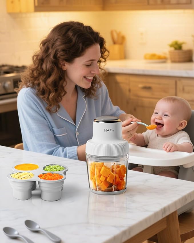 Baby Food Maker, HEYVALUE 13-in-1 Food Processor Set, Fruit, Vegatable, Meat, Baby Puree Blender with Baby Containers, Food Freezer Tray, Silicone Spoons, Spatula (Gray)