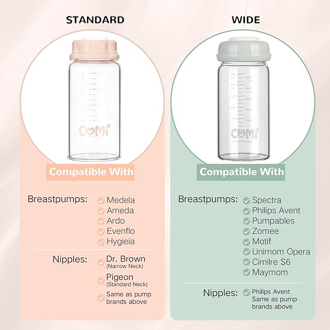 COMI Natural Glass Baby Bottle,Standard Neck Breastmilk Storage Bottle for Fridge,Breast Milk Container,Breast Pump Bottle Compatible with Medela Breast Pump,BPA Free,4PCS(5oz,4 Pink Lids)