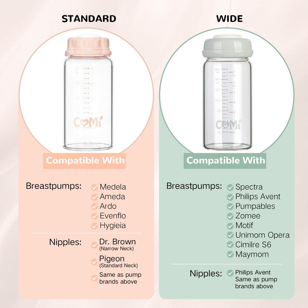 COMI Natural Glass Baby Bottle,Standard Neck Breastmilk Storage Bottle for Fridge,Breast Milk Container,Breast Pump Bottle Compatible with Medela Breast Pump,BPA Free,6PCS (5oz,3 Gray+3 Pink)
