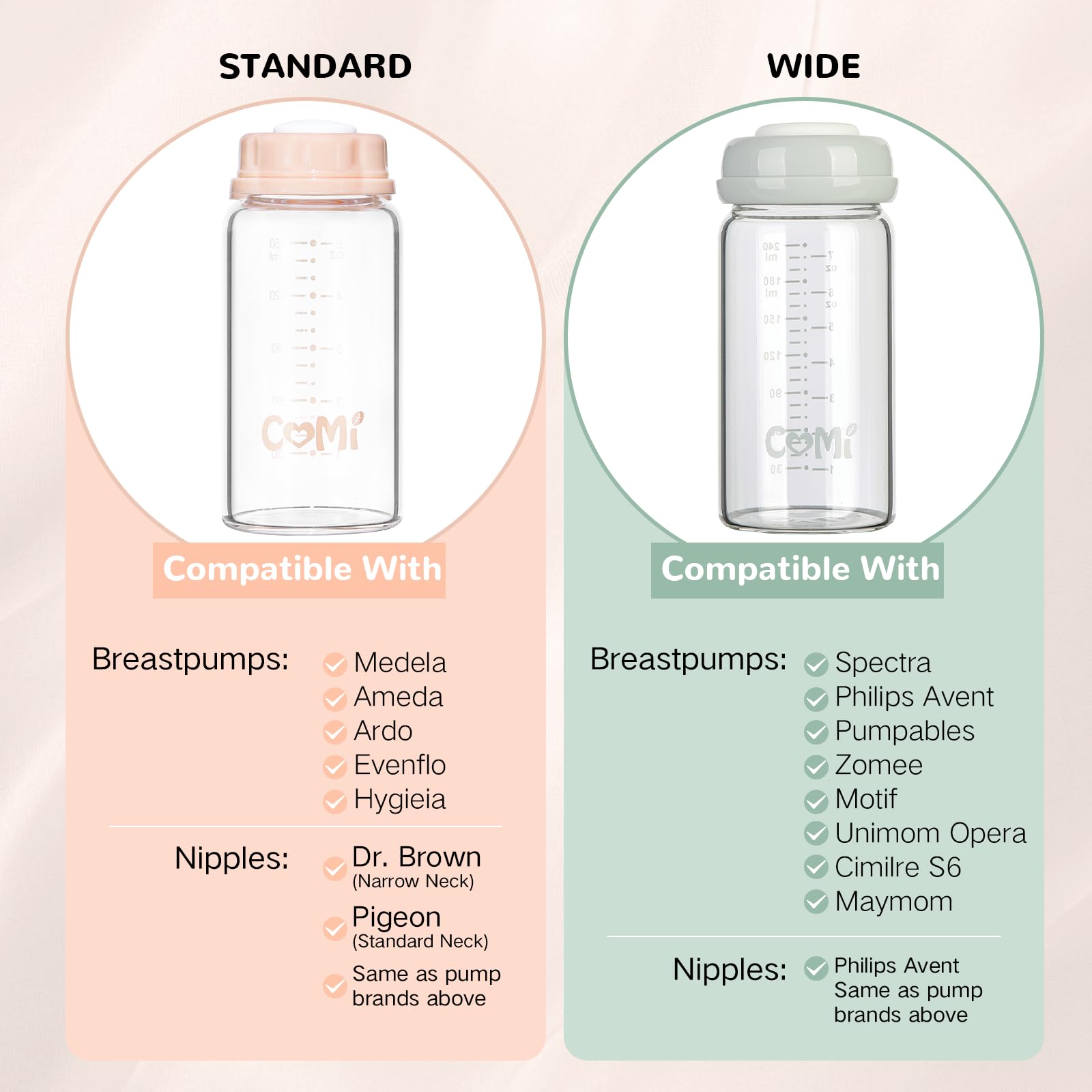 COMI Natural Glass Baby Bottle,Standard Neck Breastmilk Storage Bottle for Fridge,Breast Milk Container,Breast Pump Bottle Compatible with Medela Breast Pump,BPA Free,6PCS (5oz,3 Gray+3 Pink)