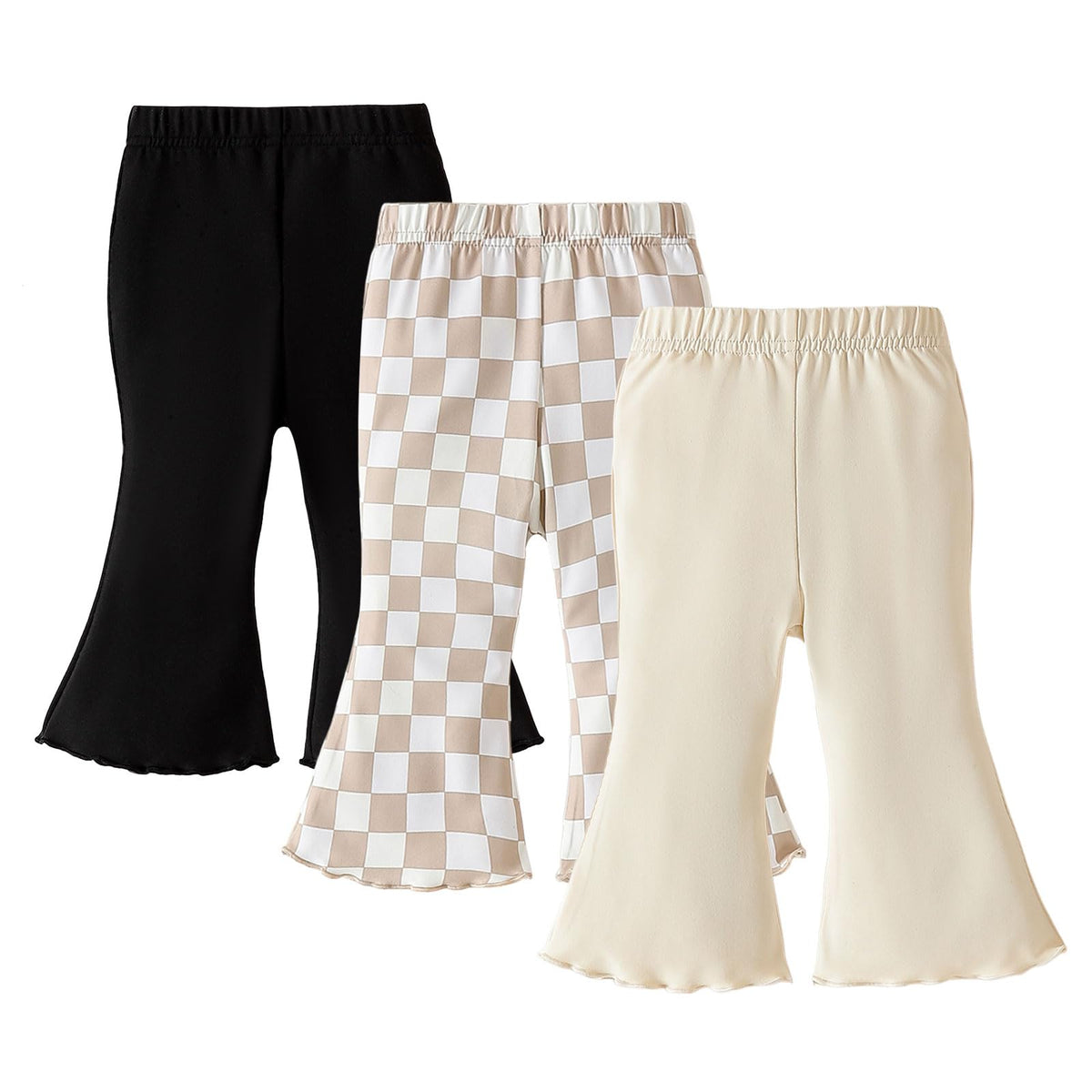 SOBOWO Checkered Baby Girl Flare Pants 3 Pack Toddler Bell Bottoms Plaid Ruffle Leggings Pants Fall Winter Outfits Size 6M-4T(12-18 Months, Black&White Plaid/Black/Black&Pink Plaid)