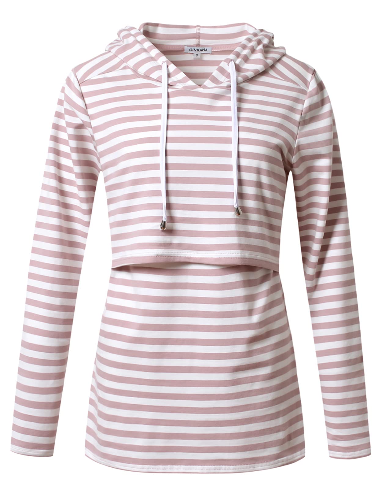 GINKANA Women's Maternity Sweatshirt Long Sleeves Breastfeeding Hoodies Stripes for Pregnant Women,Pink with White Stripes,M