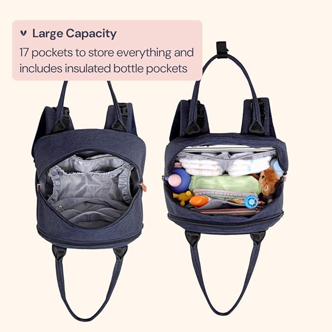 BabbleRoo Diaper Bag Backpack - Baby Essentials Travel Tote - Multi Function Water Resistant Diaper Bag, Travel Essentials Baby Bag with Changing Pad, Stroller Straps & Pacifier Case - Navy Blue
